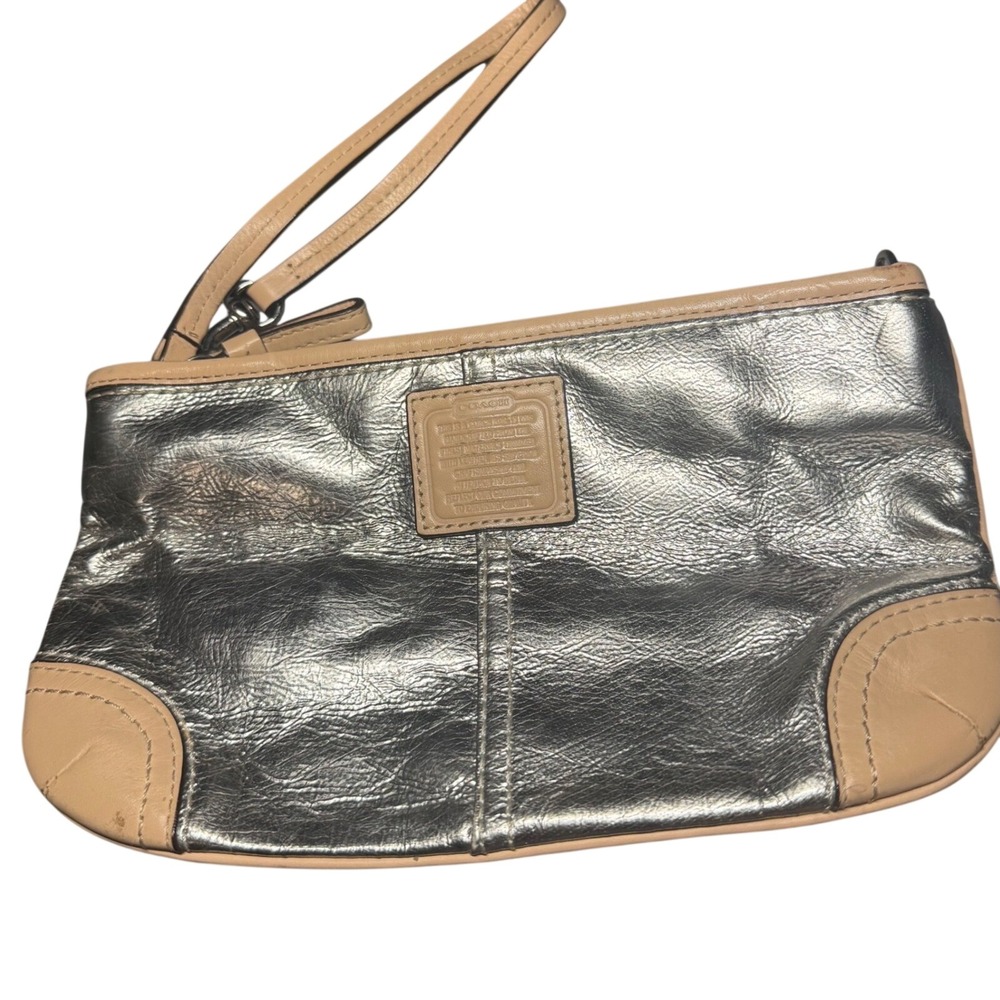 Coach Metallic Silver Leather Wristlet Tan Trim Zip Top Card Slots Clutch Bag